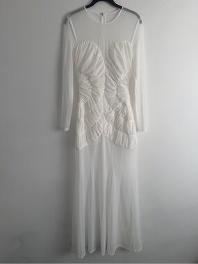 Anthropologie MISHA Elegant Sheer White Long-Sleeve Ruched Maxi Dress